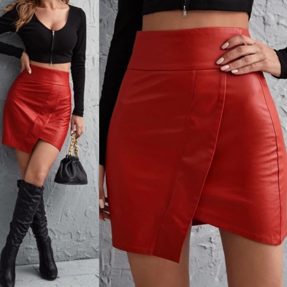 Bellanblue Dresses & Skirts - Red Asymmetrical Wide Waist Vegan Leather Bodycon Skirt
